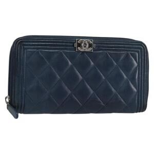 CHANEL Boy Chanel Long Wallet Lamb Skin Navy Silver CC Auth bs31466